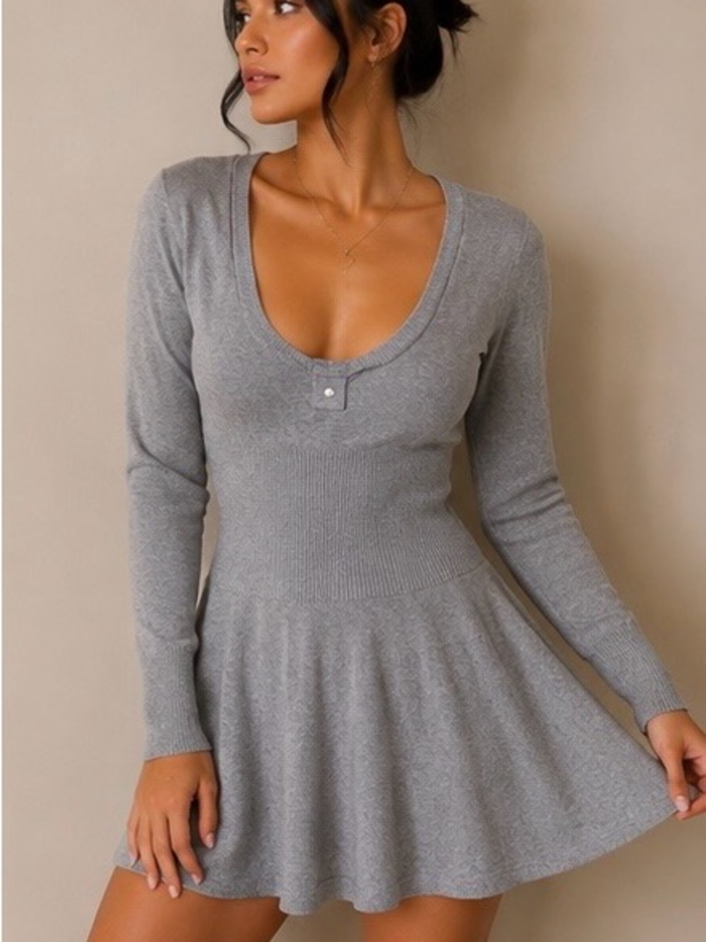 Fashion Nova Gray Long Sleeve Scoop Neck Knit Skater Dress